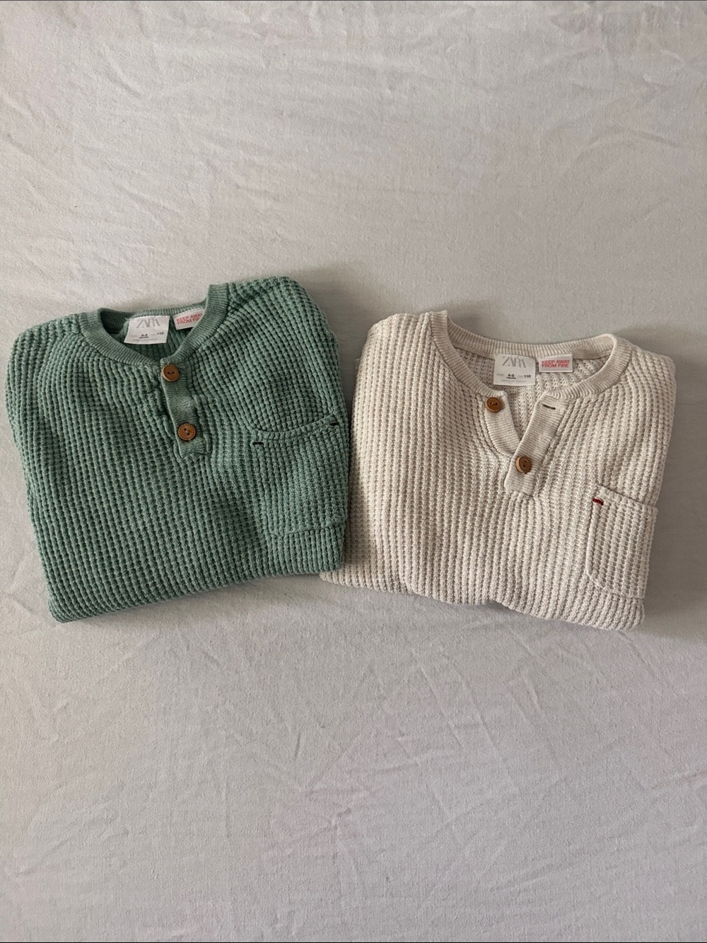 ZARA Waffle Henley Sweaters - Green & Cream